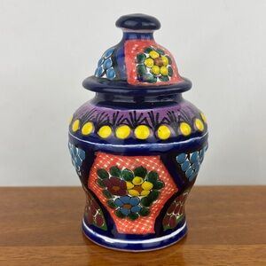Talavera pottery Mexican folk art small lidded ginger jar hand painted